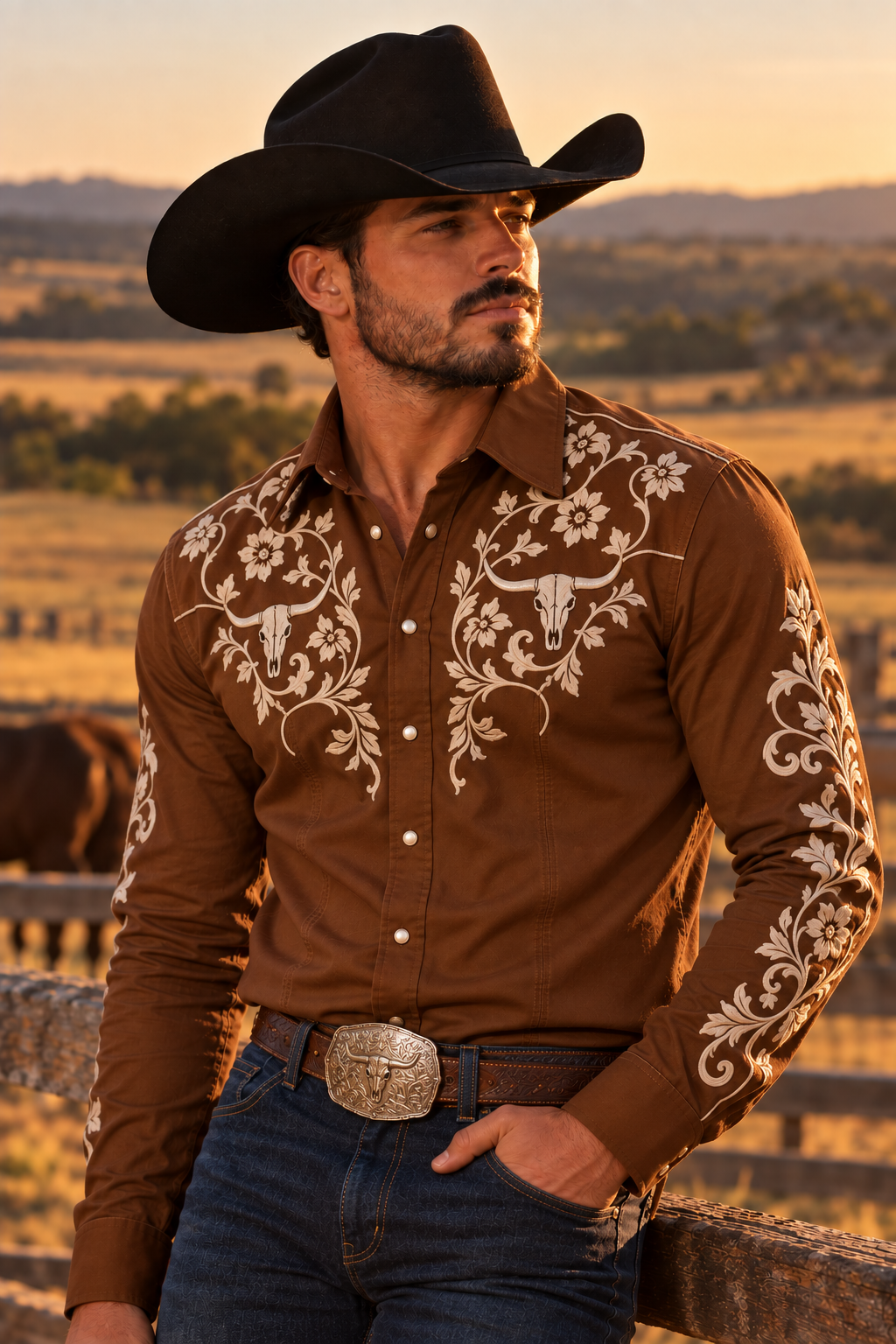 Men's Floral Embroidered Western Shirt - beige