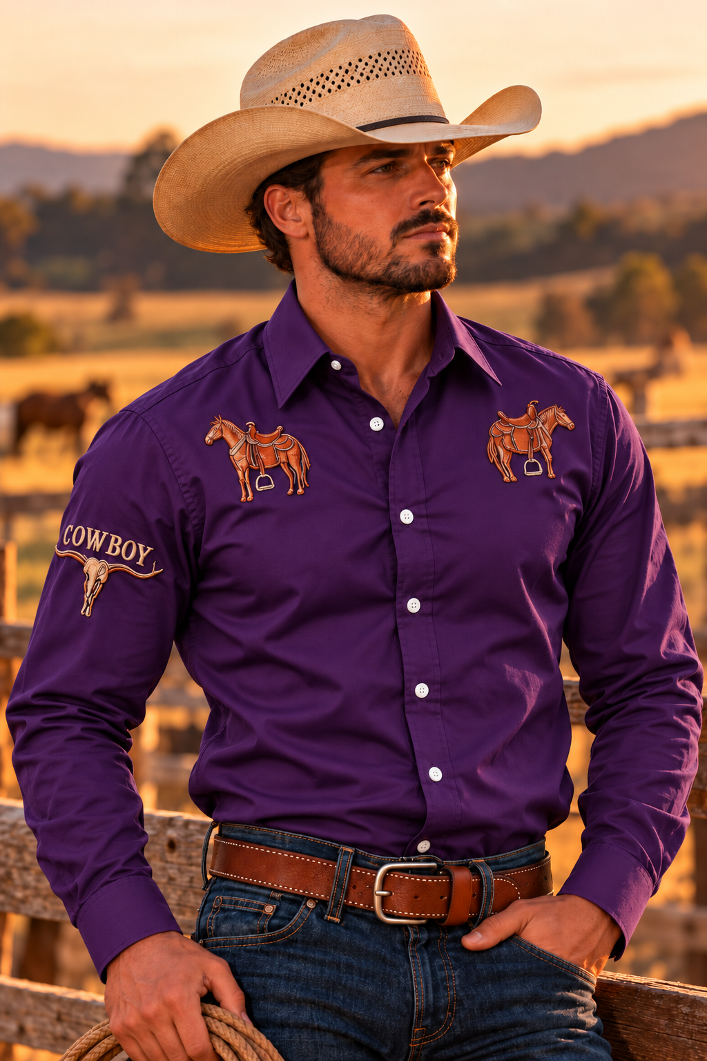 Men's Western Rodeo Long Sleeve Shirt - purple