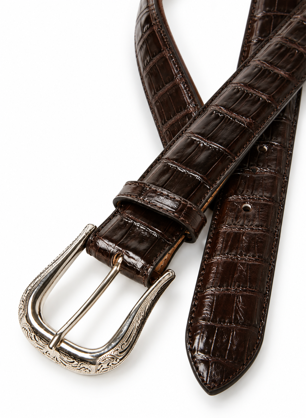 Men's Croc-Embossed Leather Belt & Buckle - crossed detail