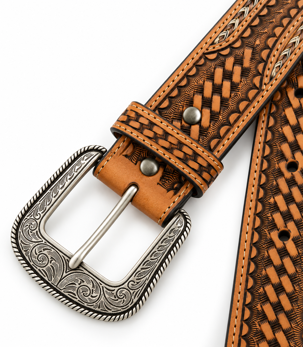 Men's Basketweave Tooled Belt & Buckle - detail closeup