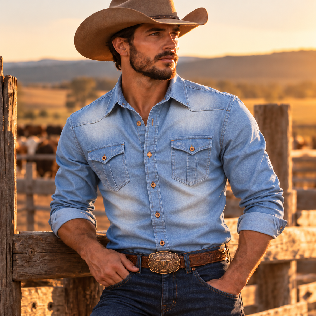 Men's Slim Fit Western Denim Shirt - light blue