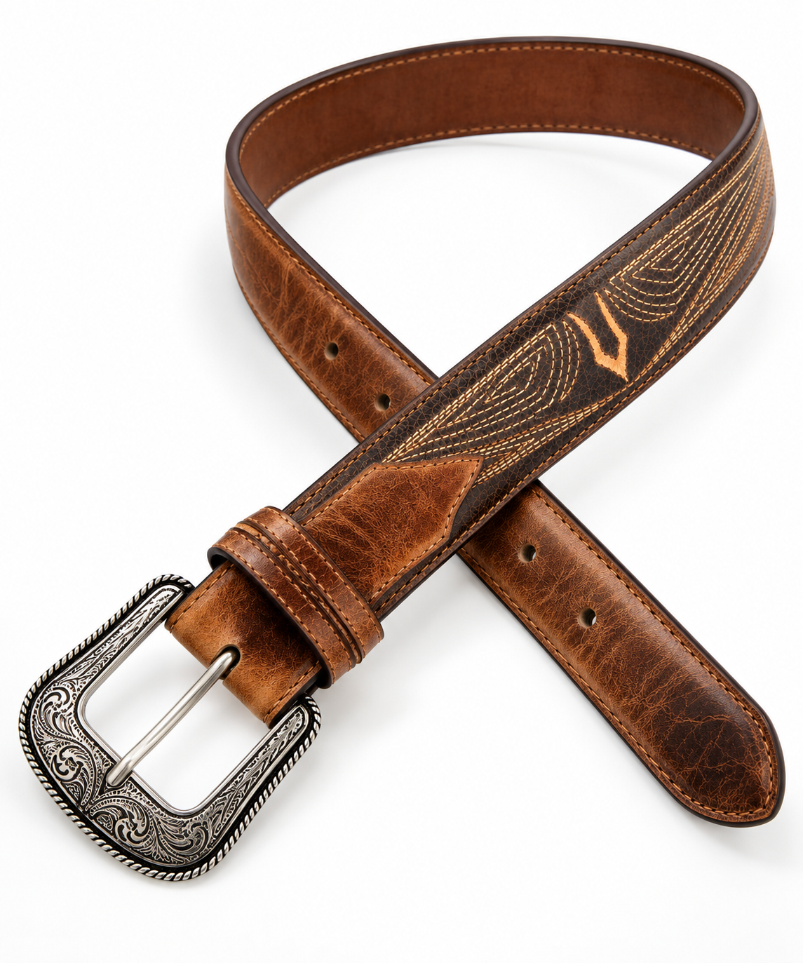 Men's Two-Tone Stitched Western Belt & Buckle - crossed detail