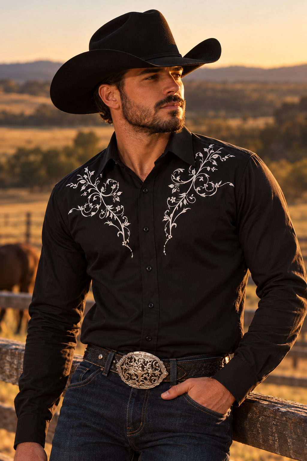 Men's Floral Embroidered Western Shirt - black