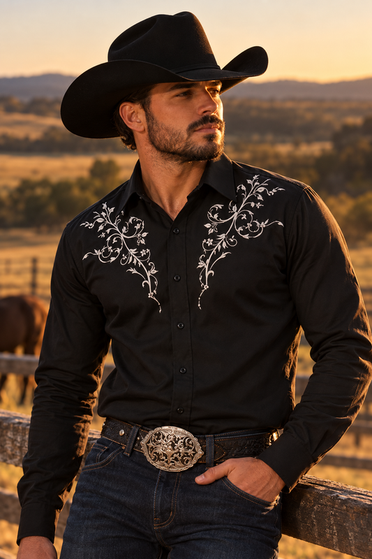 Men's Floral Embroidered Western Shirt - black