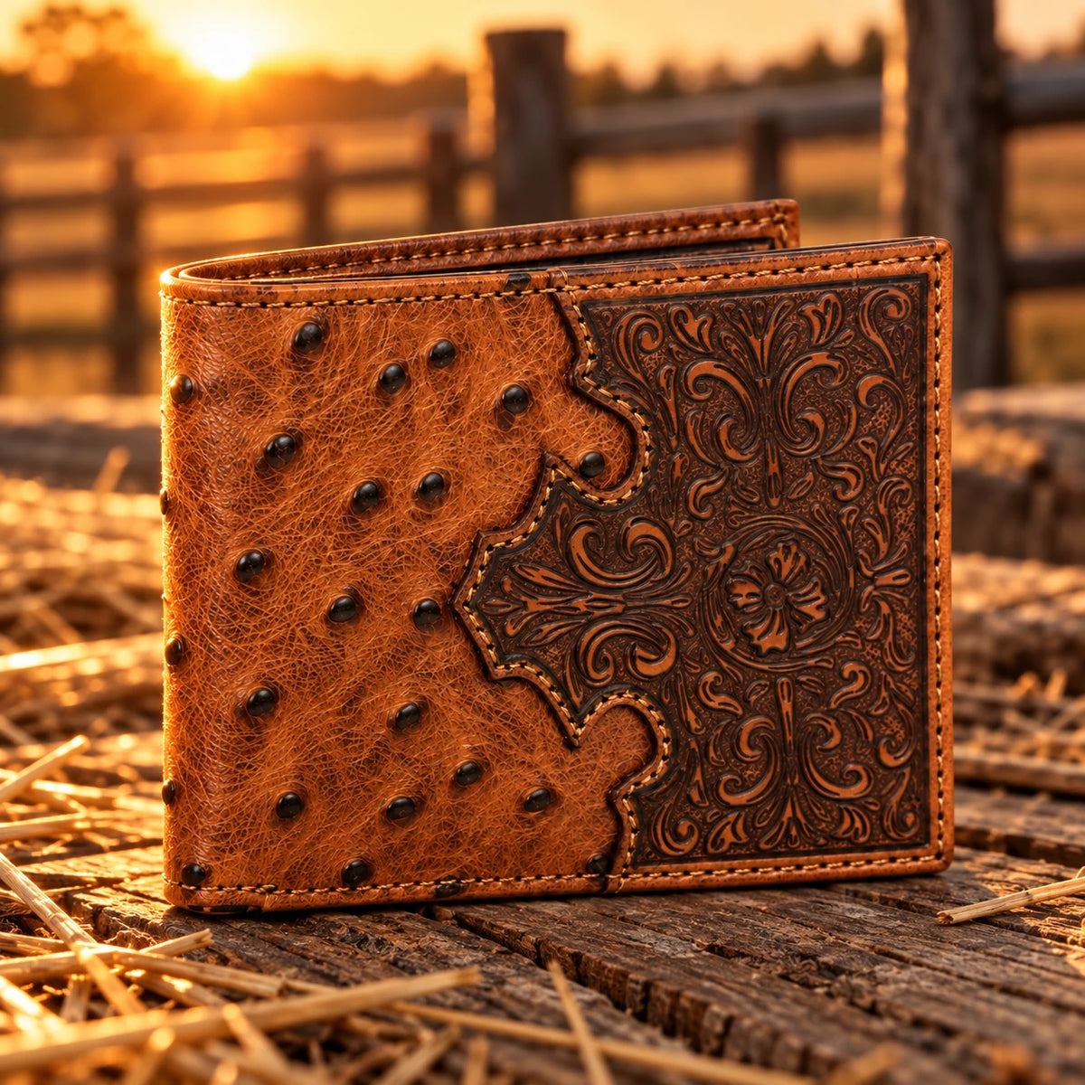 Men's Tooled Ostrich-Embossed Bifold Wallet on rustic wood at golden hour