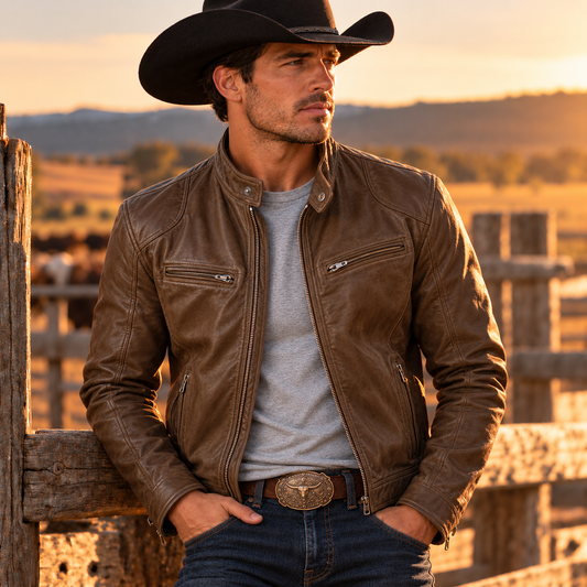 Men's Cafe Racer Zip Jacket - brown