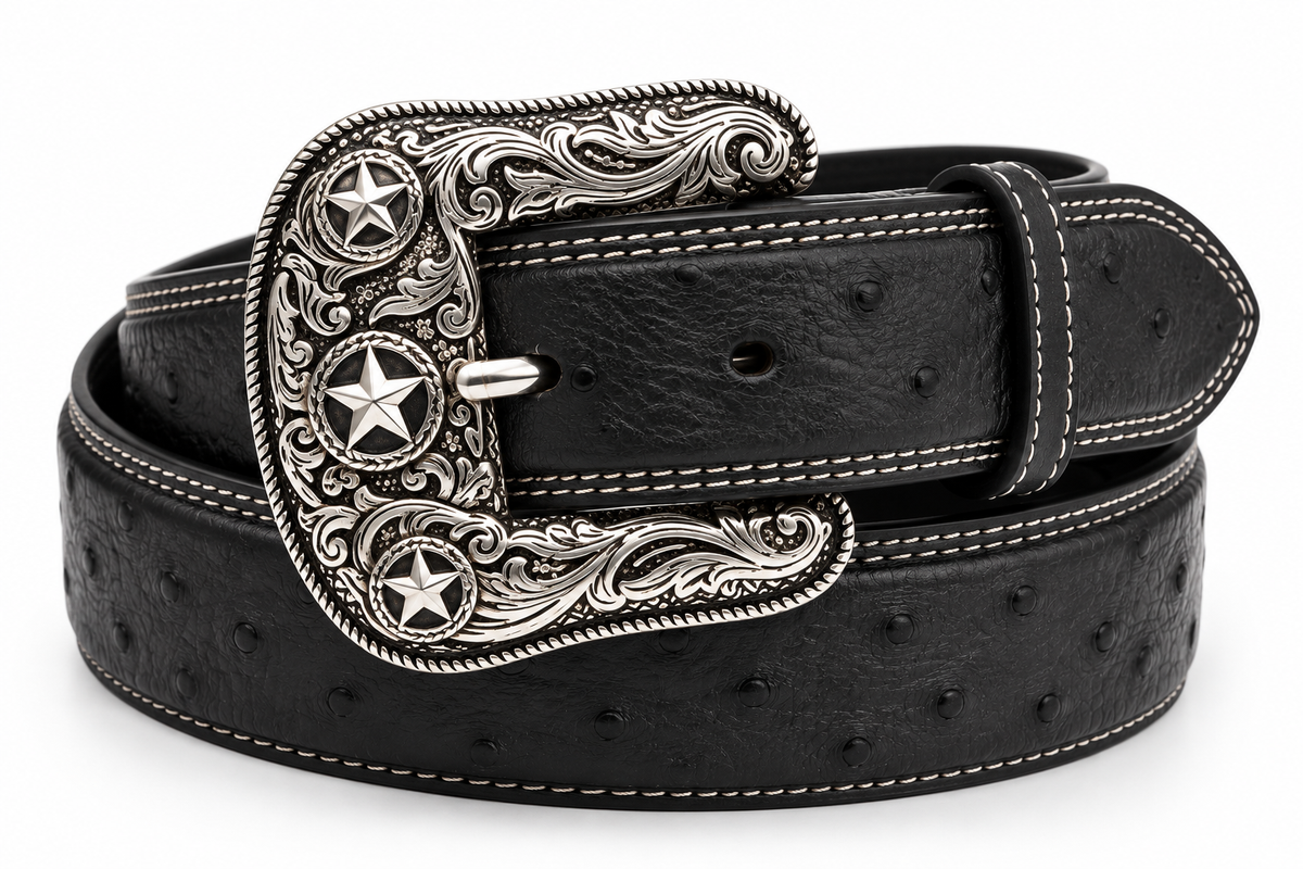 Men's Texas Star Ostrich-Embossed Belt & Buckle - full view