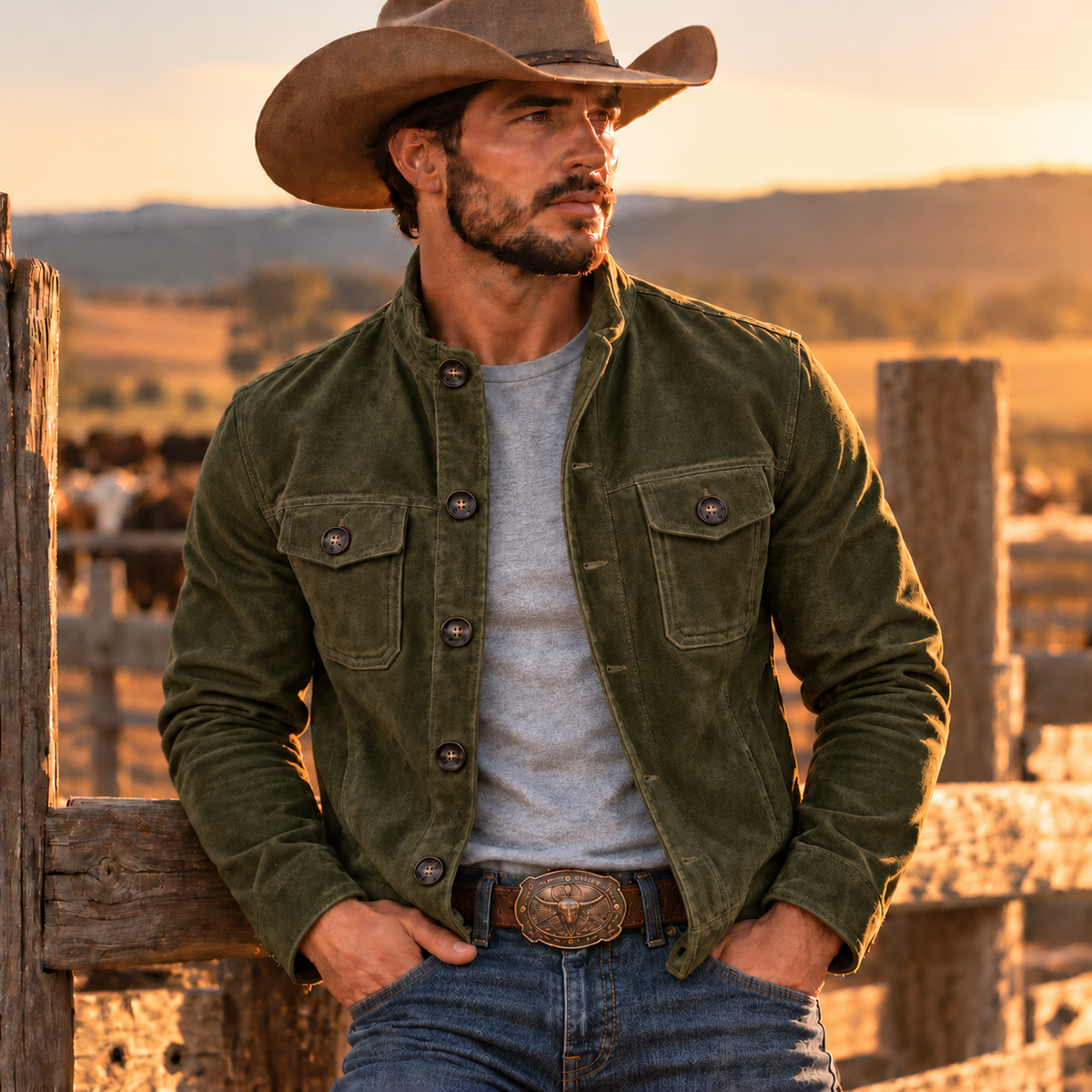 Men's Stand Collar Button Jacket - army green