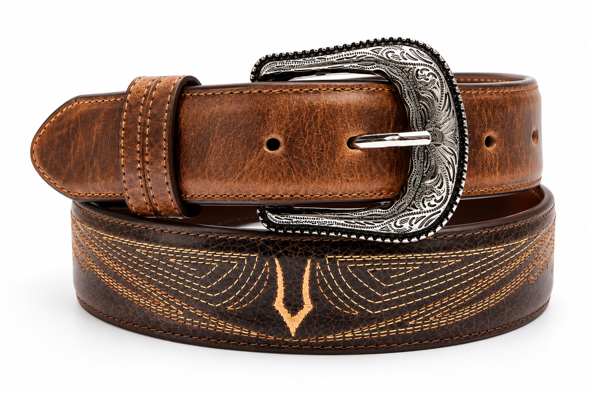 Men's Two-Tone Stitched Western Belt & Buckle - full view