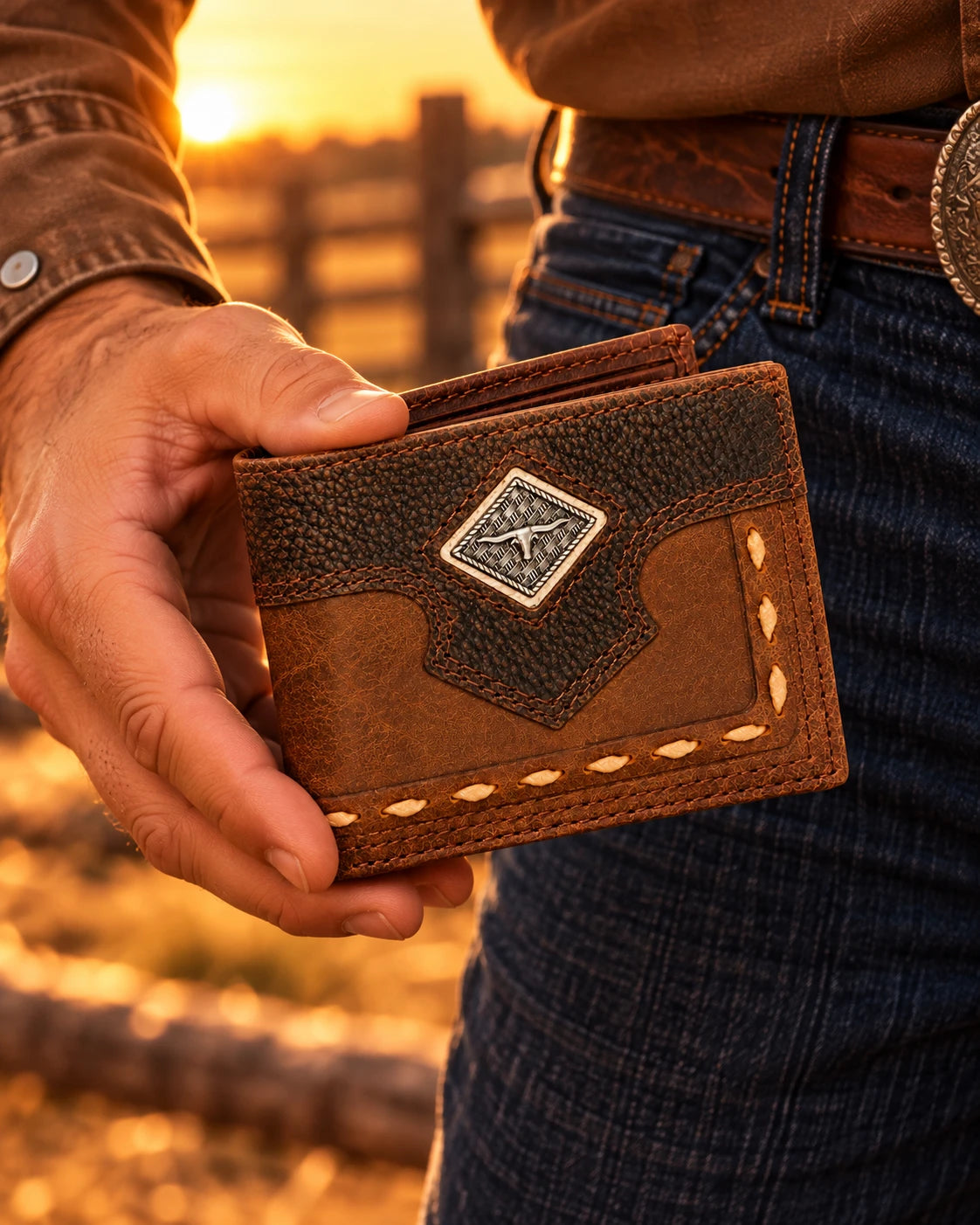 Men's Two-Tone Diamond Concho Bifold Wallet held in hand
