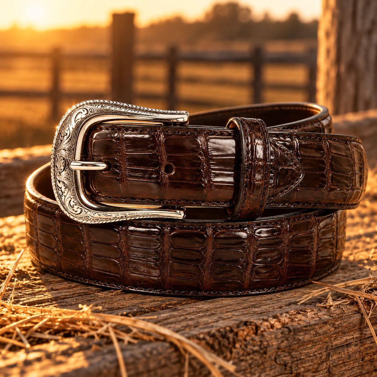 Men's Croc-Embossed Leather Belt & Buckle on rustic wood at golden hour