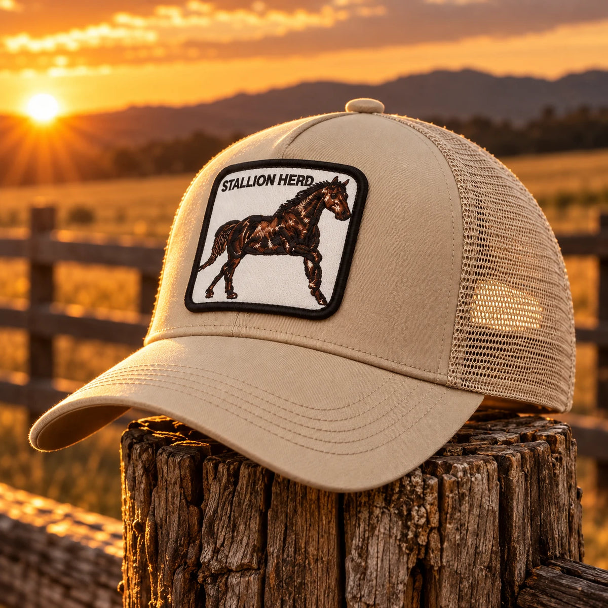 Men's Stallion Patch Trucker Cap on a fence post at golden hour