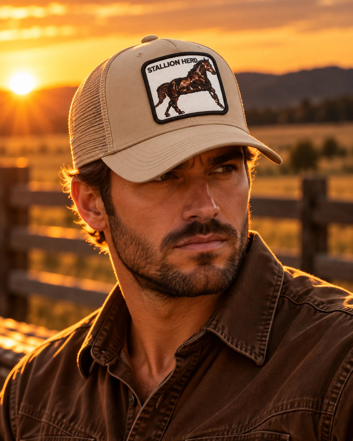 Men's Stallion Patch Trucker Cap worn at golden hour