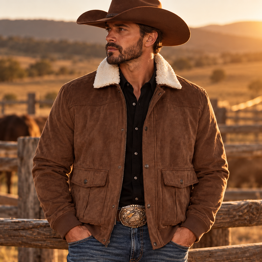 Men's Sherpa-Collar Suede Bomber Jacket - front view