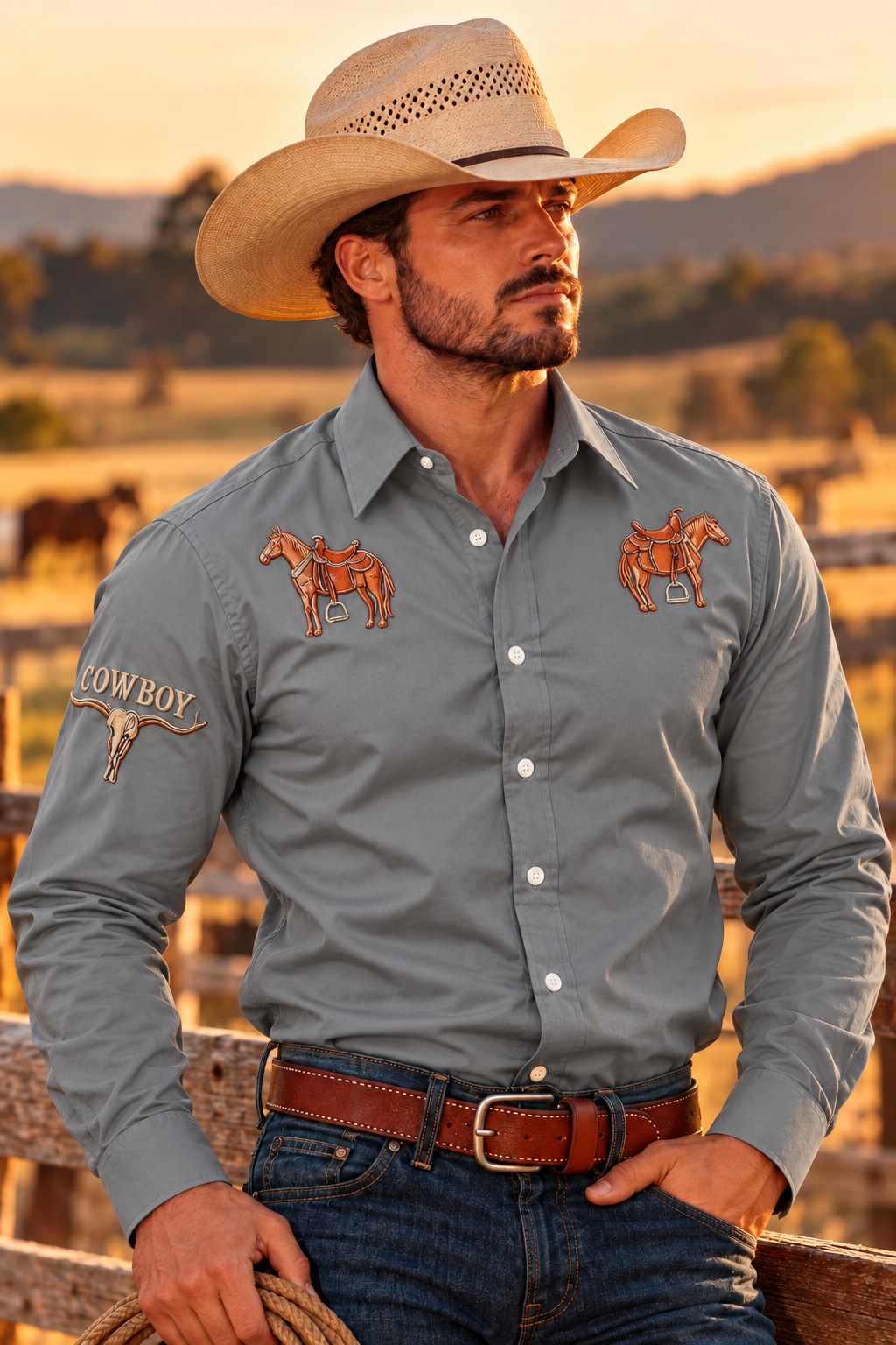 Men's Western Rodeo Long Sleeve Shirt - gray