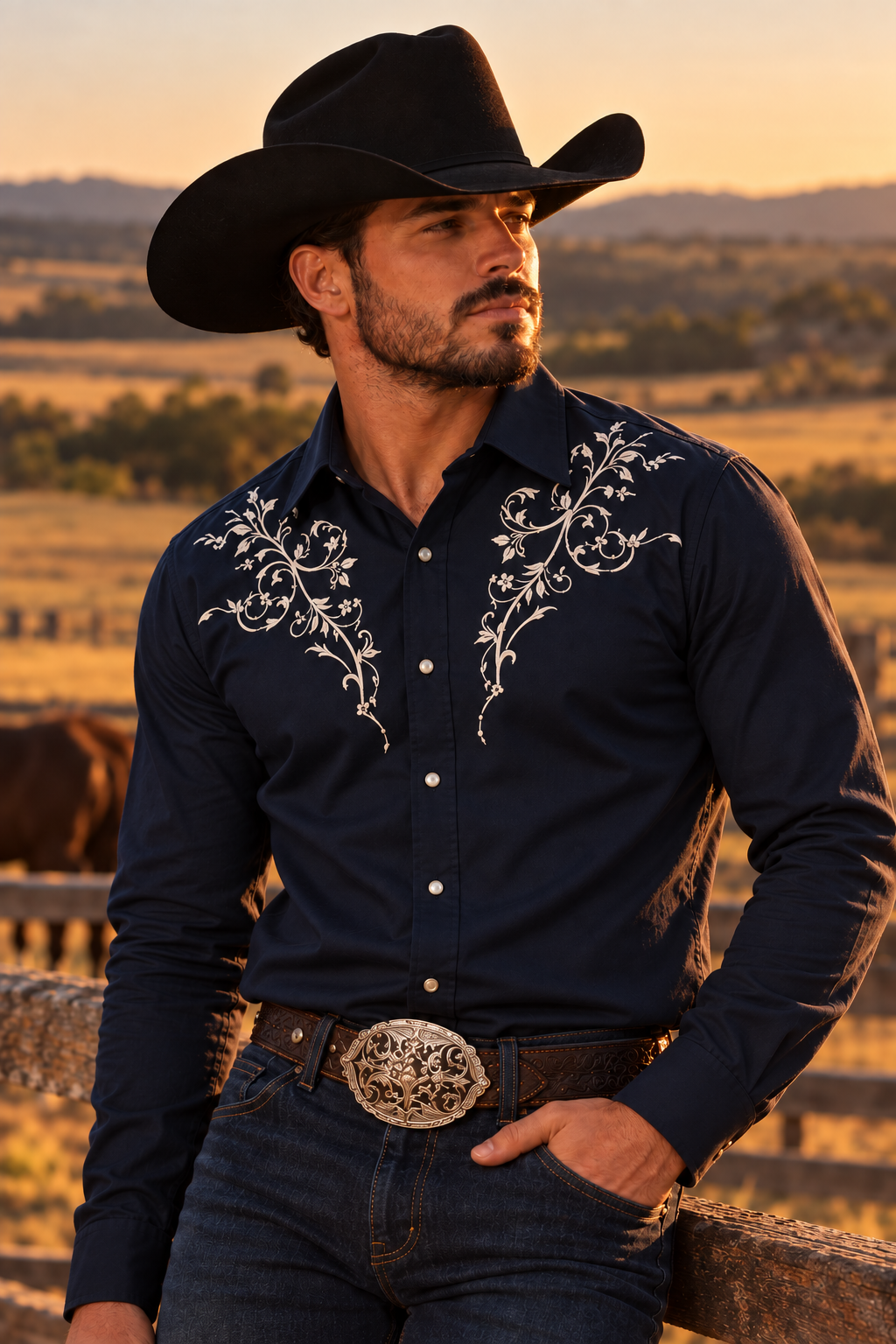 Men's Floral Embroidered Western Shirt - navy