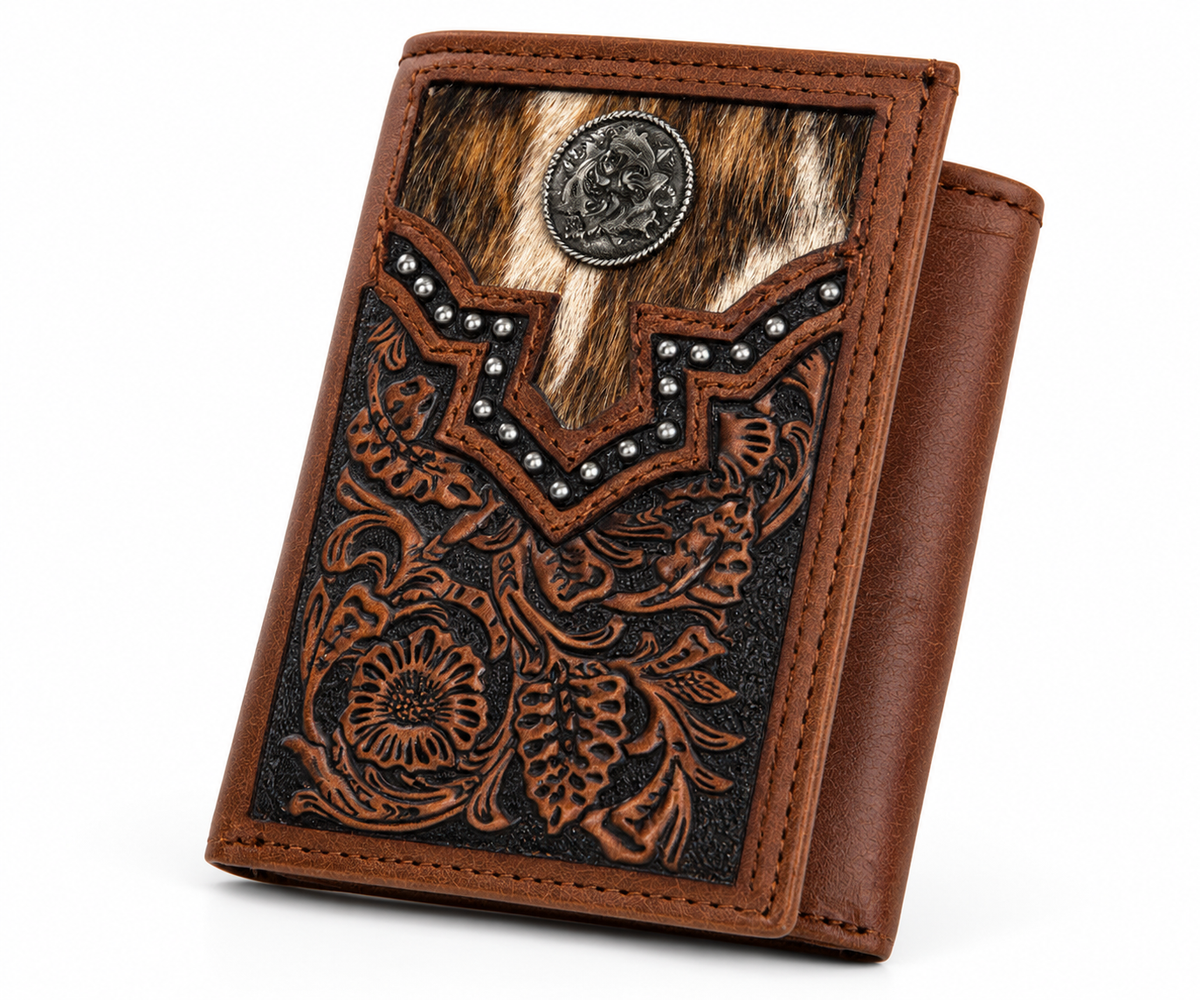 Men's Cowhide & Tooled Leather Trifold Wallet - closed view