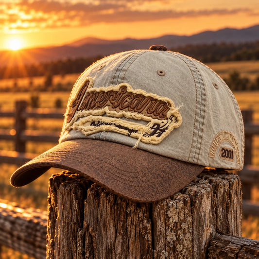 Men's Distressed America Patch Cap on a fence post at golden hour
