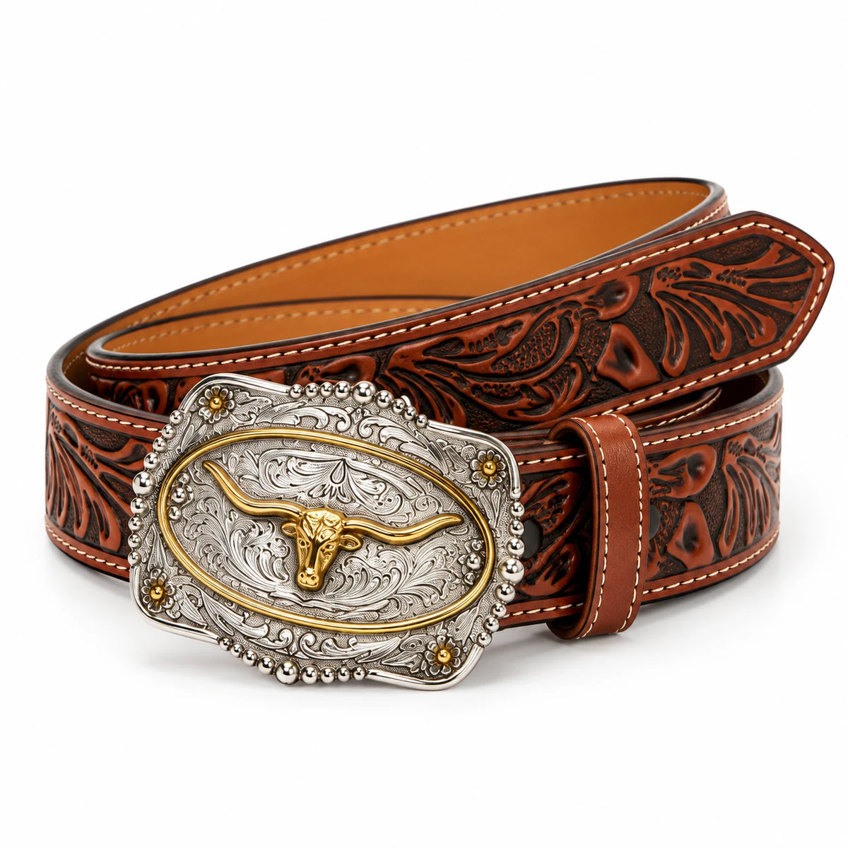 Men's Longhorn Engraved Belt & Buckle - coiled