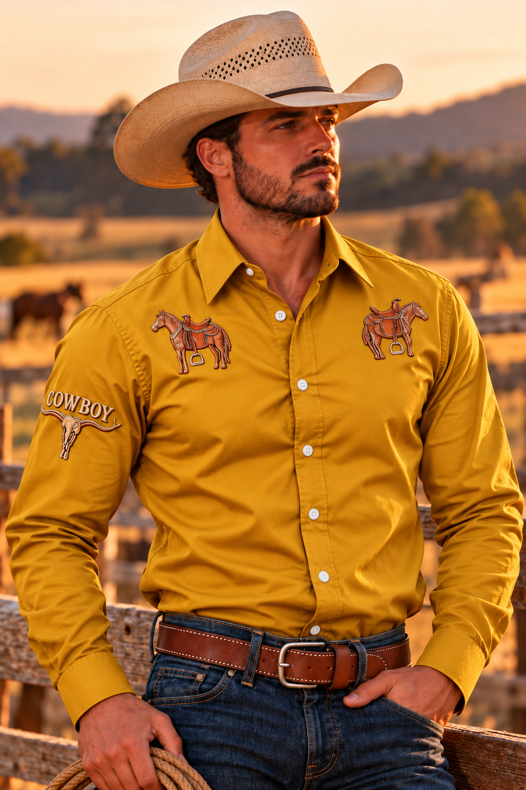 Men's Western Rodeo Long Sleeve Shirt - gold