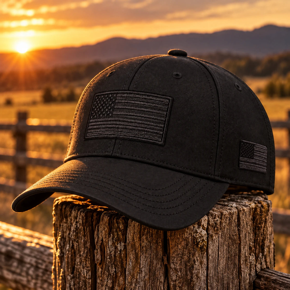 Men's Tactical Flag Patch Cap on a fence post at golden hour