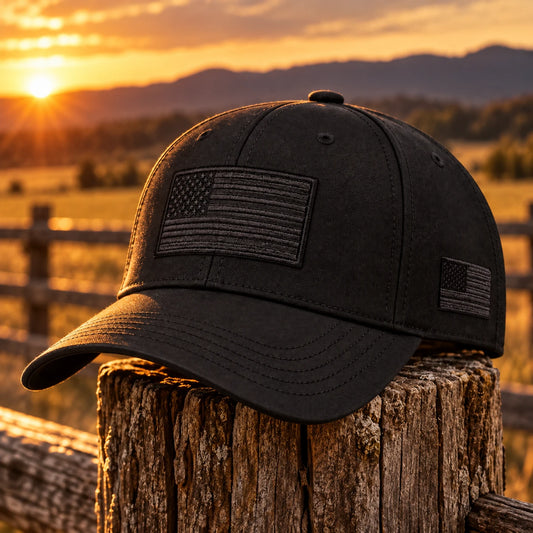 Men's Tactical Flag Patch Cap on a fence post at golden hour