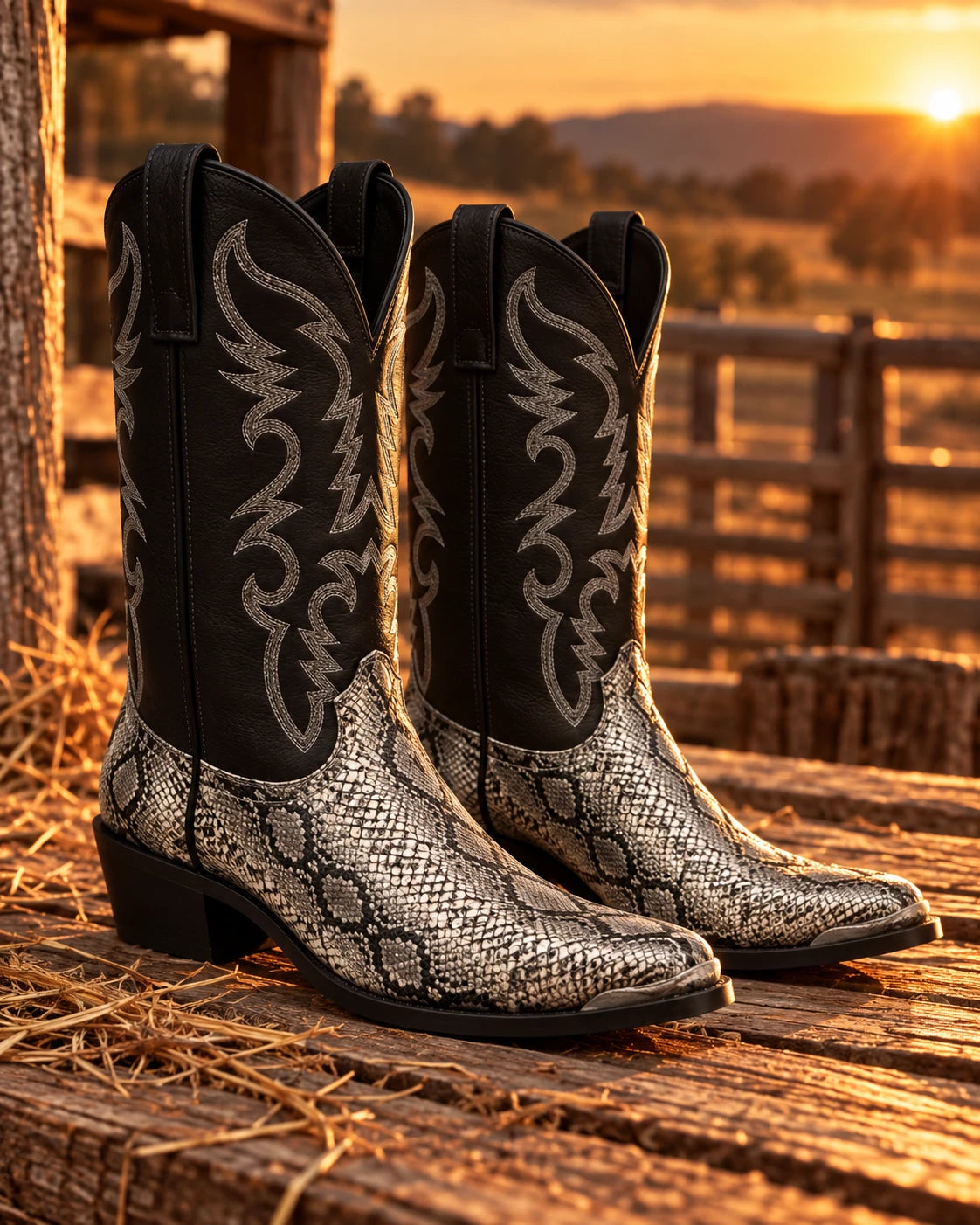 Men's Tall Western Cowboy Boots - Silver Snake, golden hour