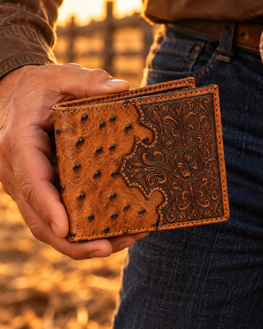 Men's Tooled Ostrich-Embossed Bifold Wallet held in hand