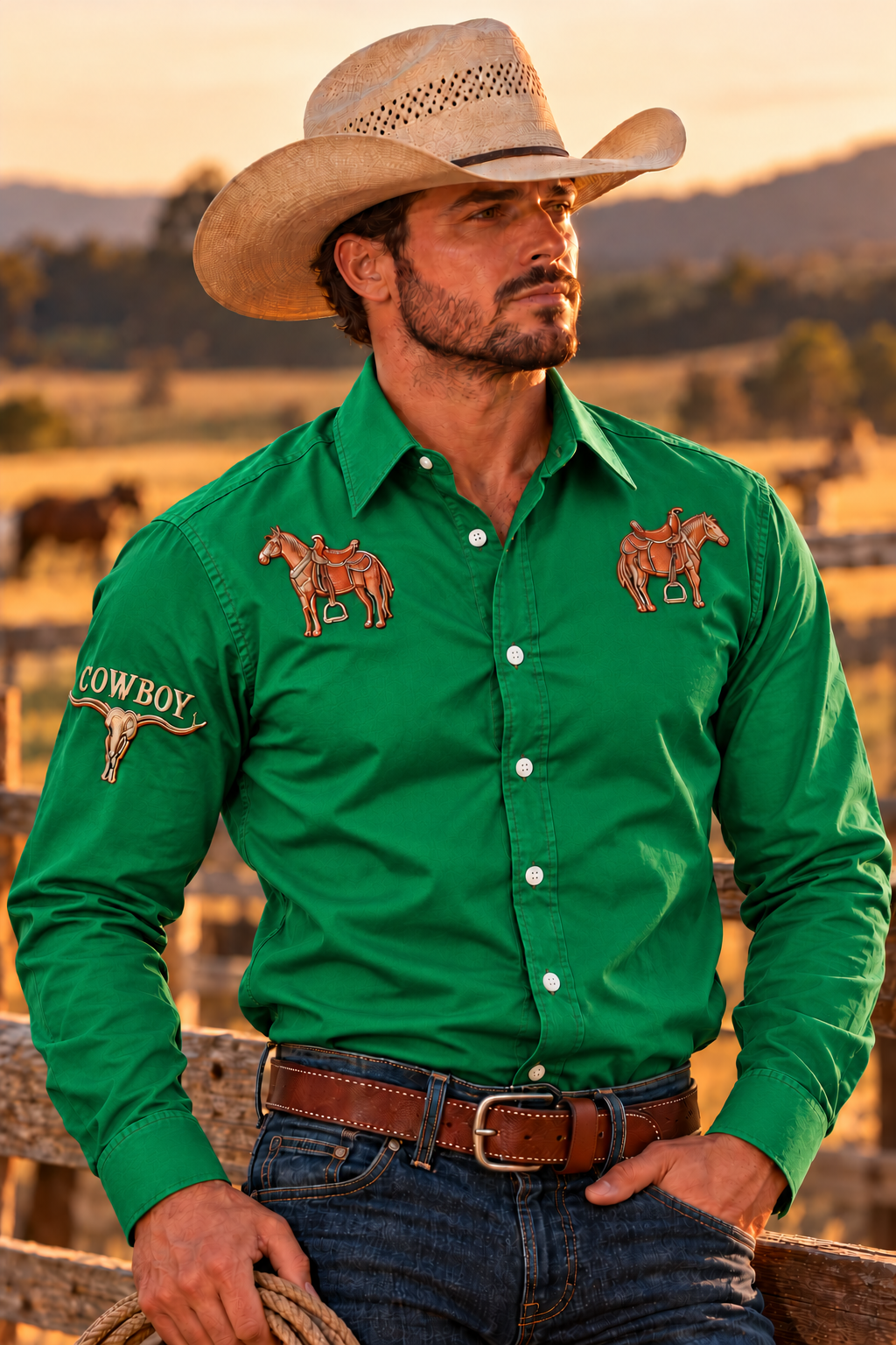 Men's Western Rodeo Long Sleeve Shirt - green