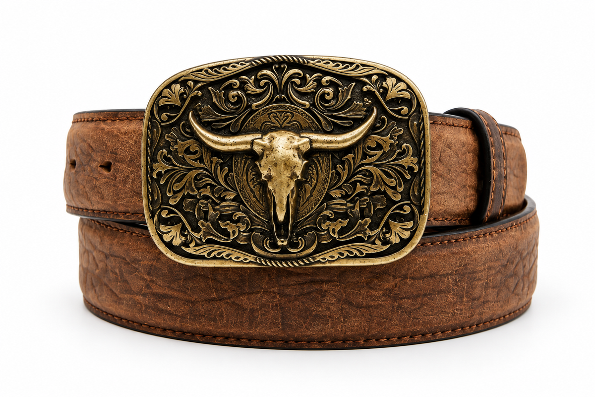 Men's Bronze Bull Skull Belt & Buckle - front view