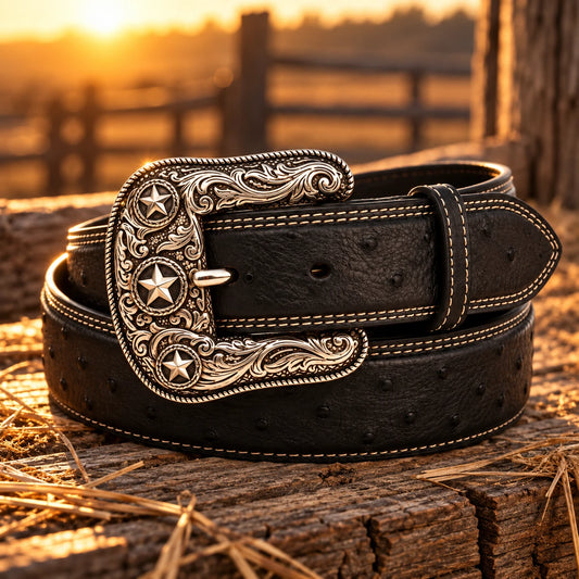Men's Texas Star Ostrich-Embossed Belt & Buckle on rustic wood at golden hour