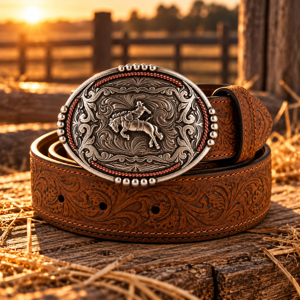 Men's Bucking Bronco Belt & Buckle on rustic wood at golden hour
