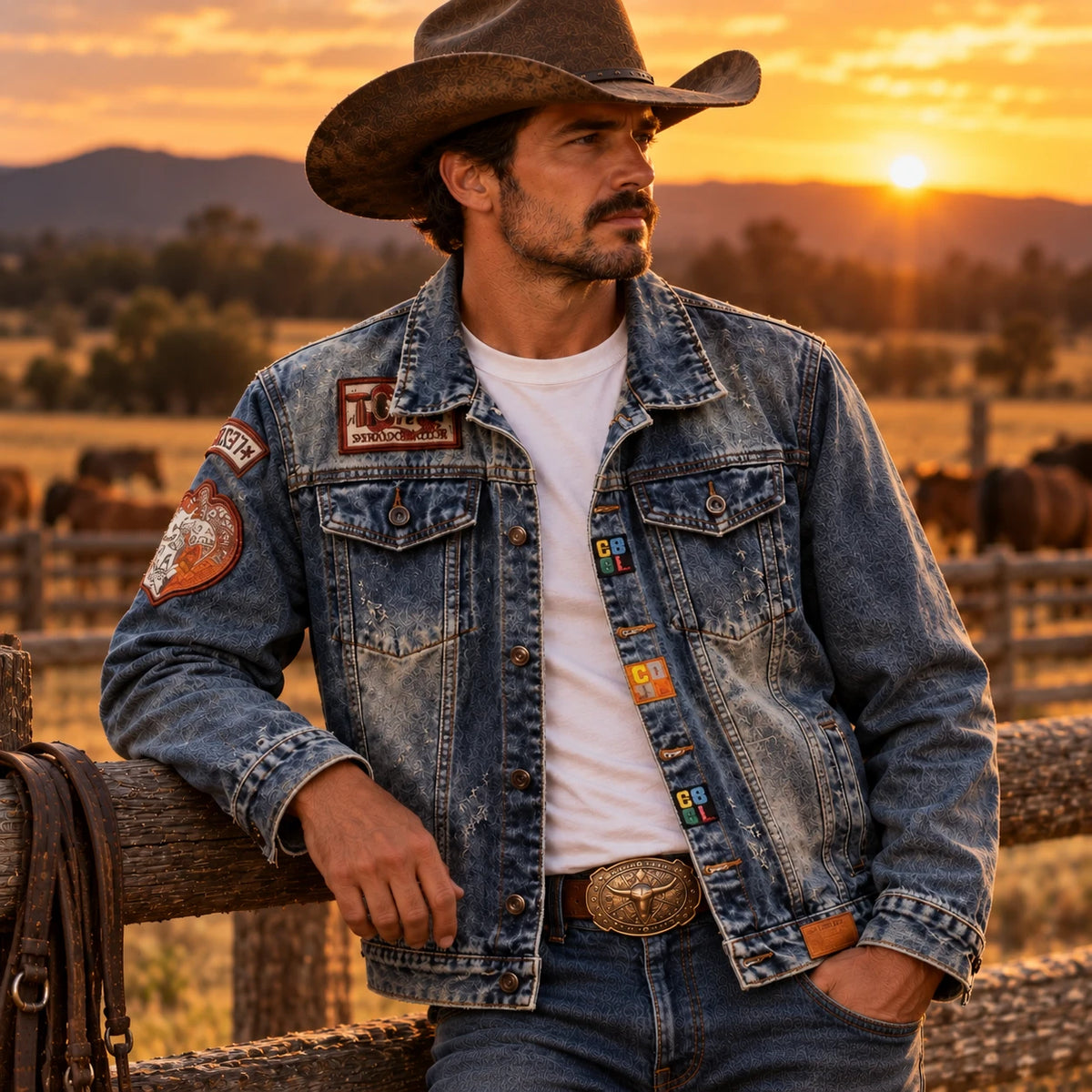 Men's Patchwork Vintage Trucker Jacket worn at golden hour by a wooden fence