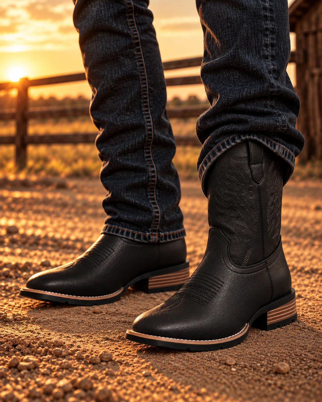Men's Stitched Shaft Western Boots in black worn with jeans on a ranch path