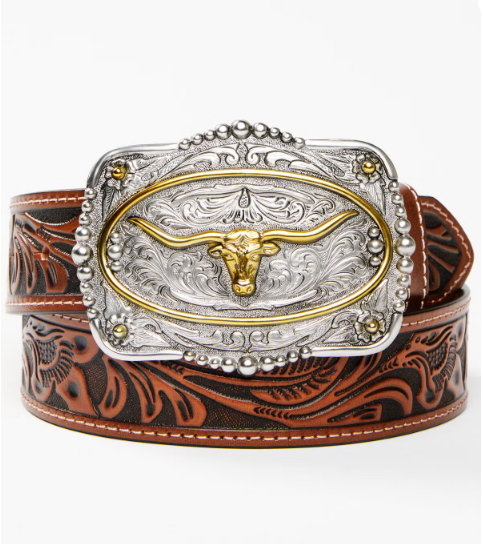 Men's Longhorn Engraved Belt & Buckle - front view