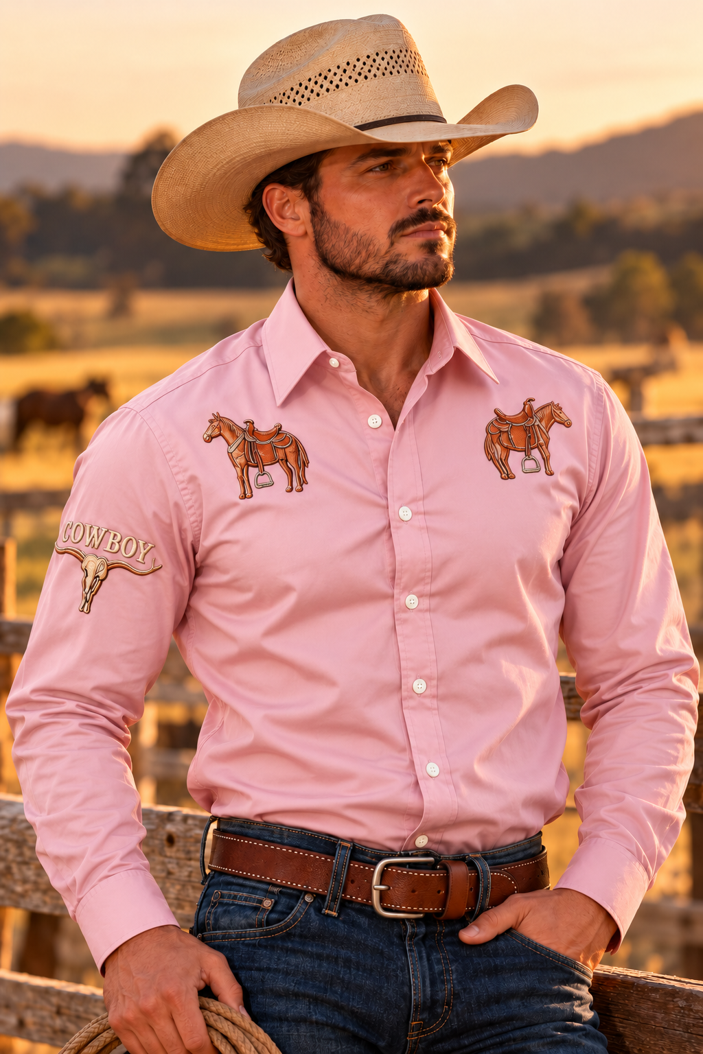 Men's Western Rodeo Long Sleeve Shirt - pink