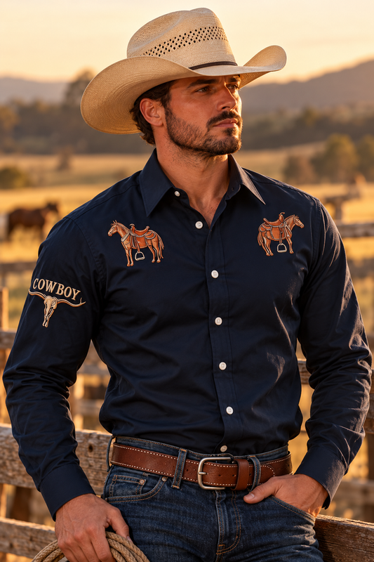 Men's Western Rodeo Long Sleeve Shirt - navy