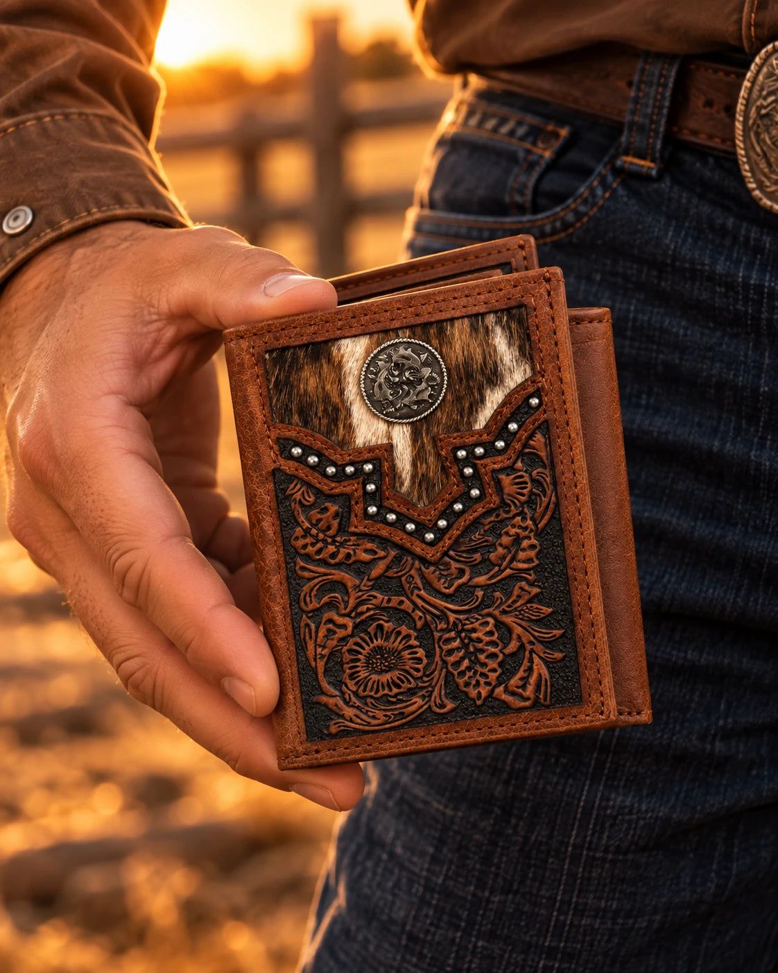 Men's Cowhide & Tooled Leather Trifold Wallet held in hand