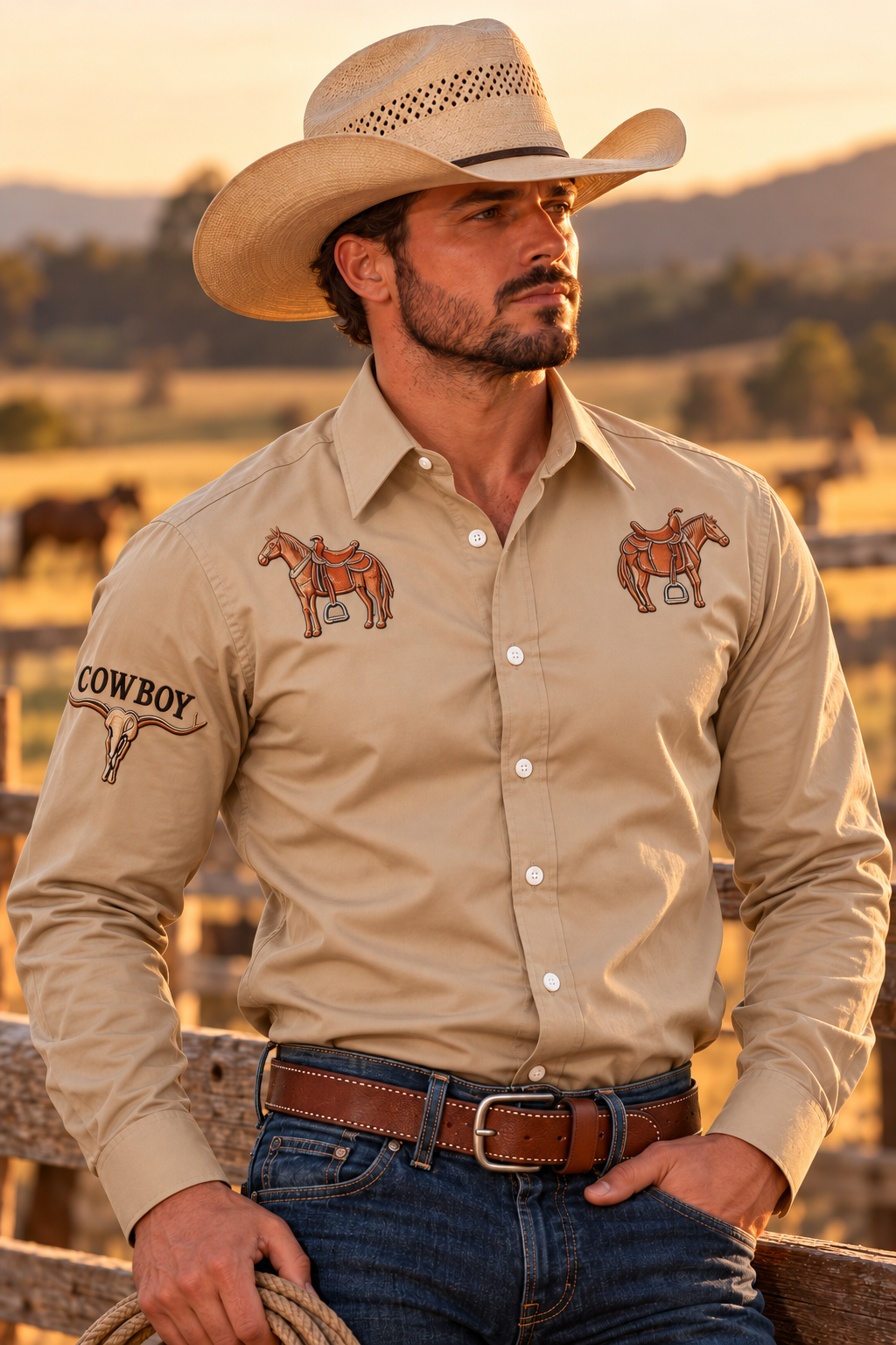 Men's Western Rodeo Long Sleeve Shirt - beige