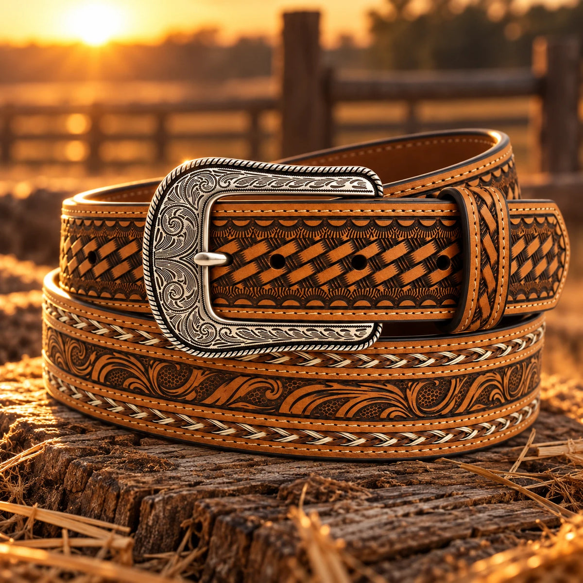 Men's Basketweave Tooled Belt & Buckle on rustic wood at golden hour