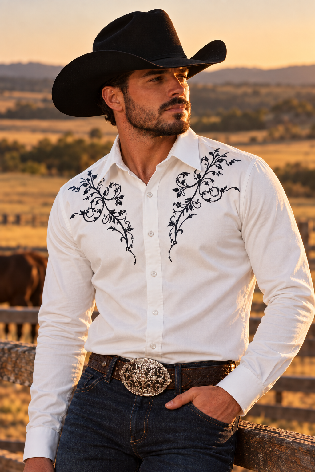 Men's Floral Embroidered Western Shirt - white