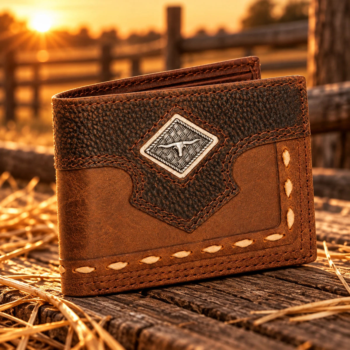 Men's Two-Tone Diamond Concho Bifold Wallet on rustic wood at golden hour