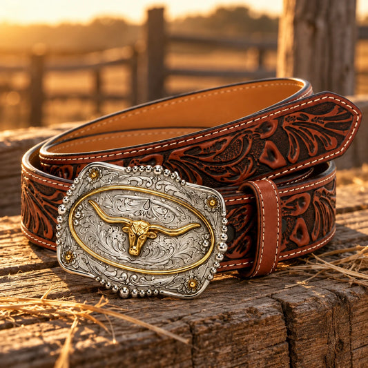 Men's Longhorn Engraved Belt & Buckle on rustic wood at golden hour