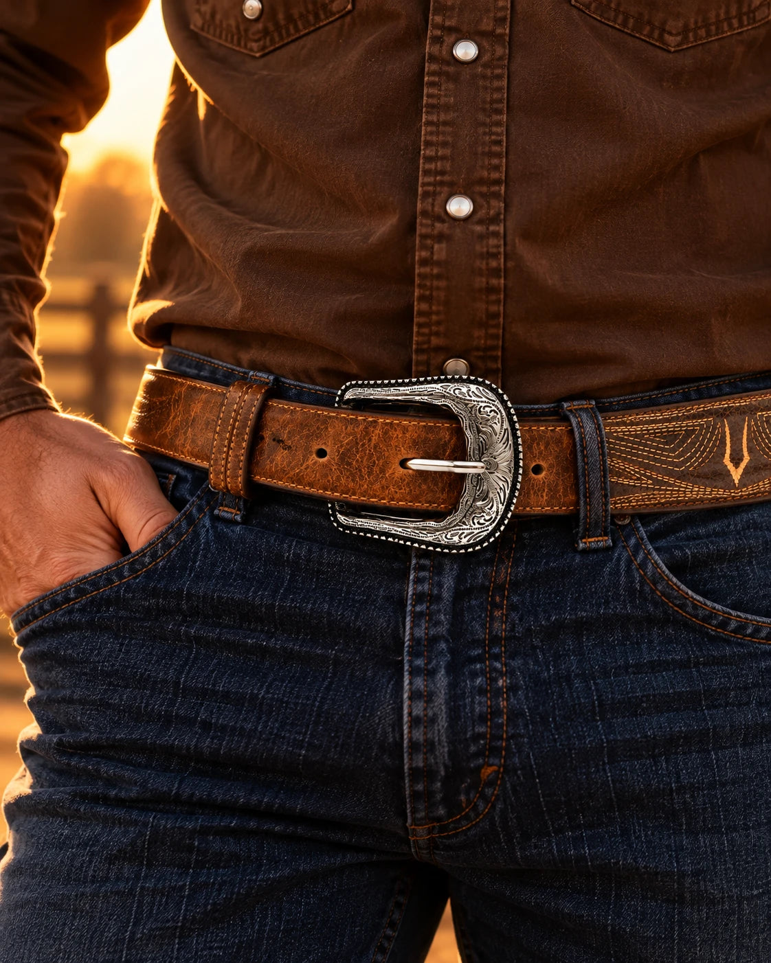 Men's Two-Tone Stitched Western Belt & Buckle worn with jeans and a western shirt
