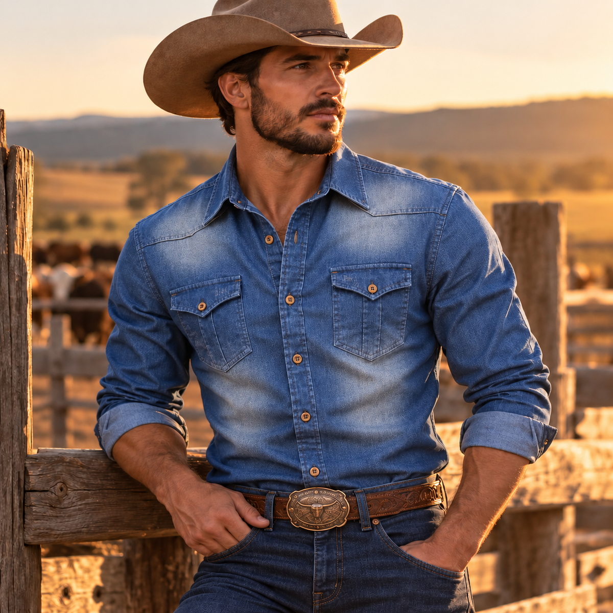 Men's Slim Fit Western Denim Shirt - medium blue