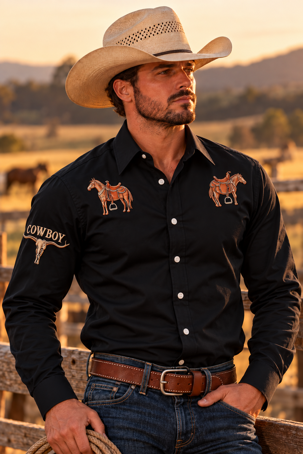 Men's Western Rodeo Long Sleeve Shirt - black