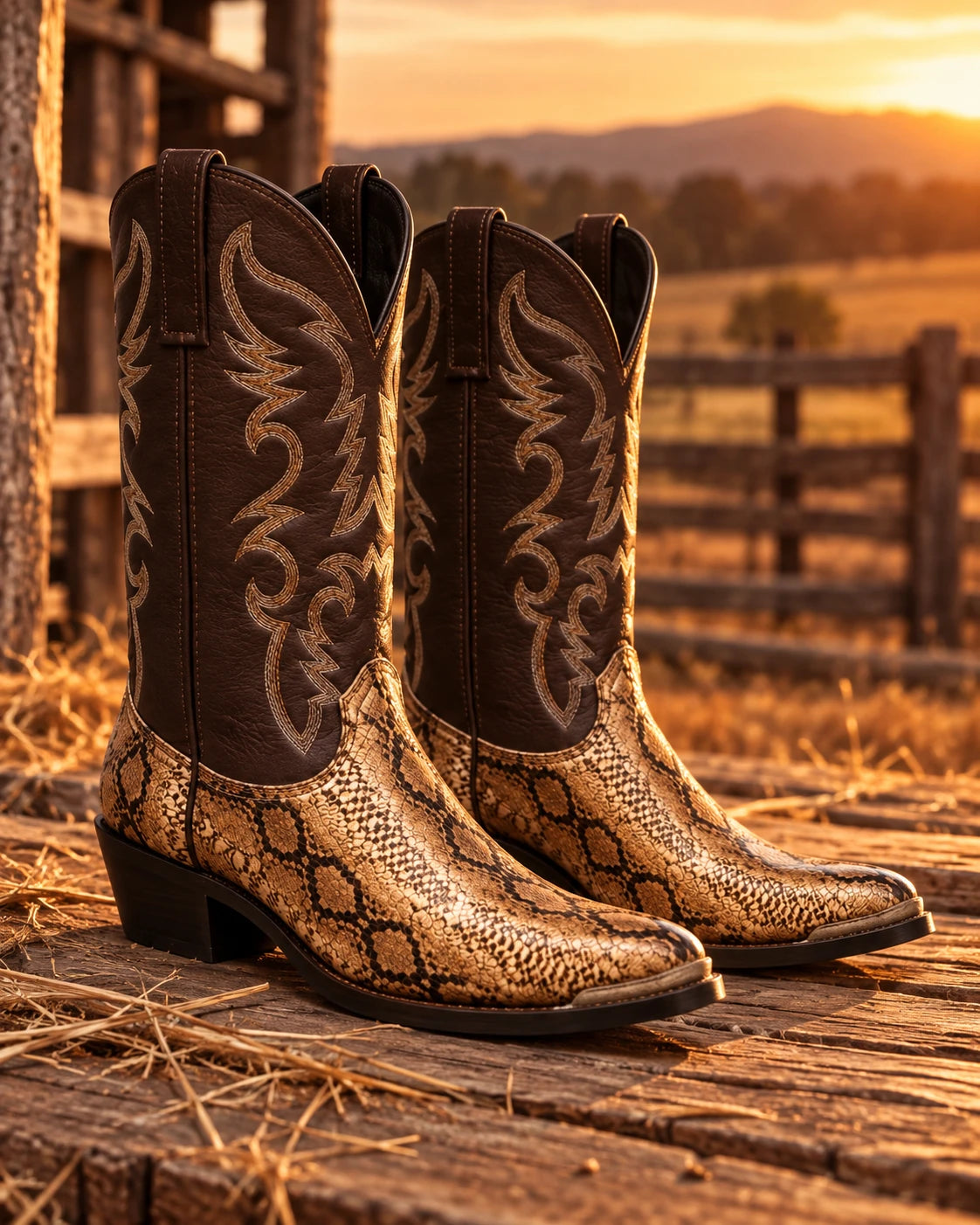 Men's Tall Western Cowboy Boots - Gold Snake, golden hour