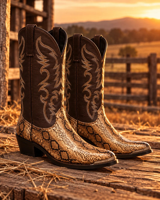 Men's Tall Western Cowboy Boots - Gold Snake, golden hour