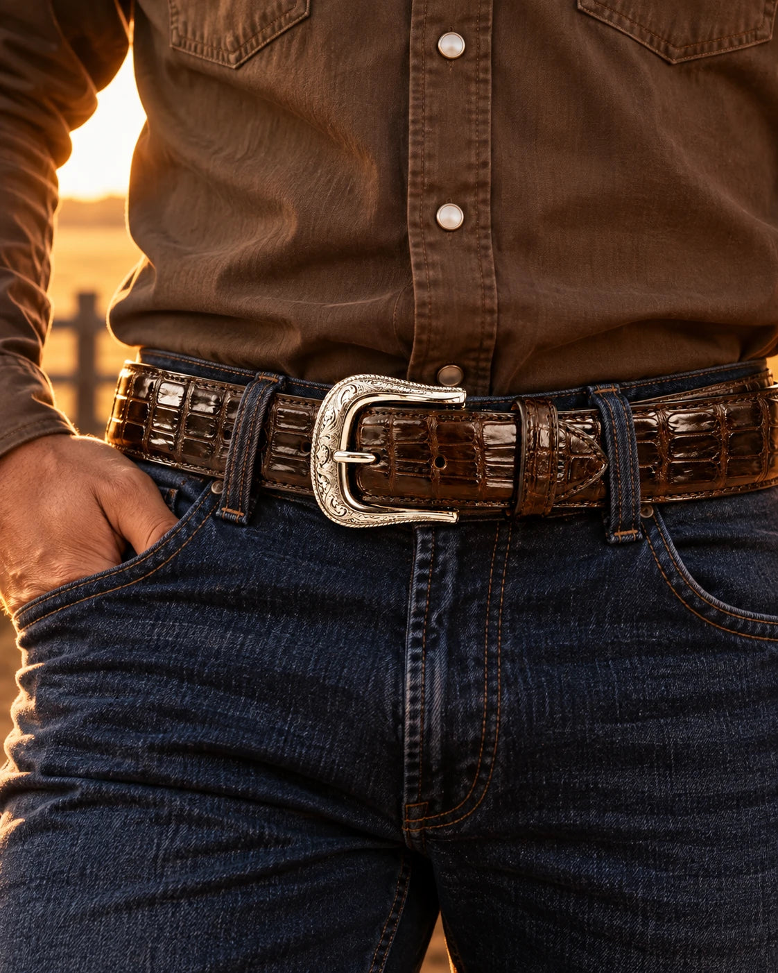Men's Croc-Embossed Leather Belt & Buckle worn with jeans