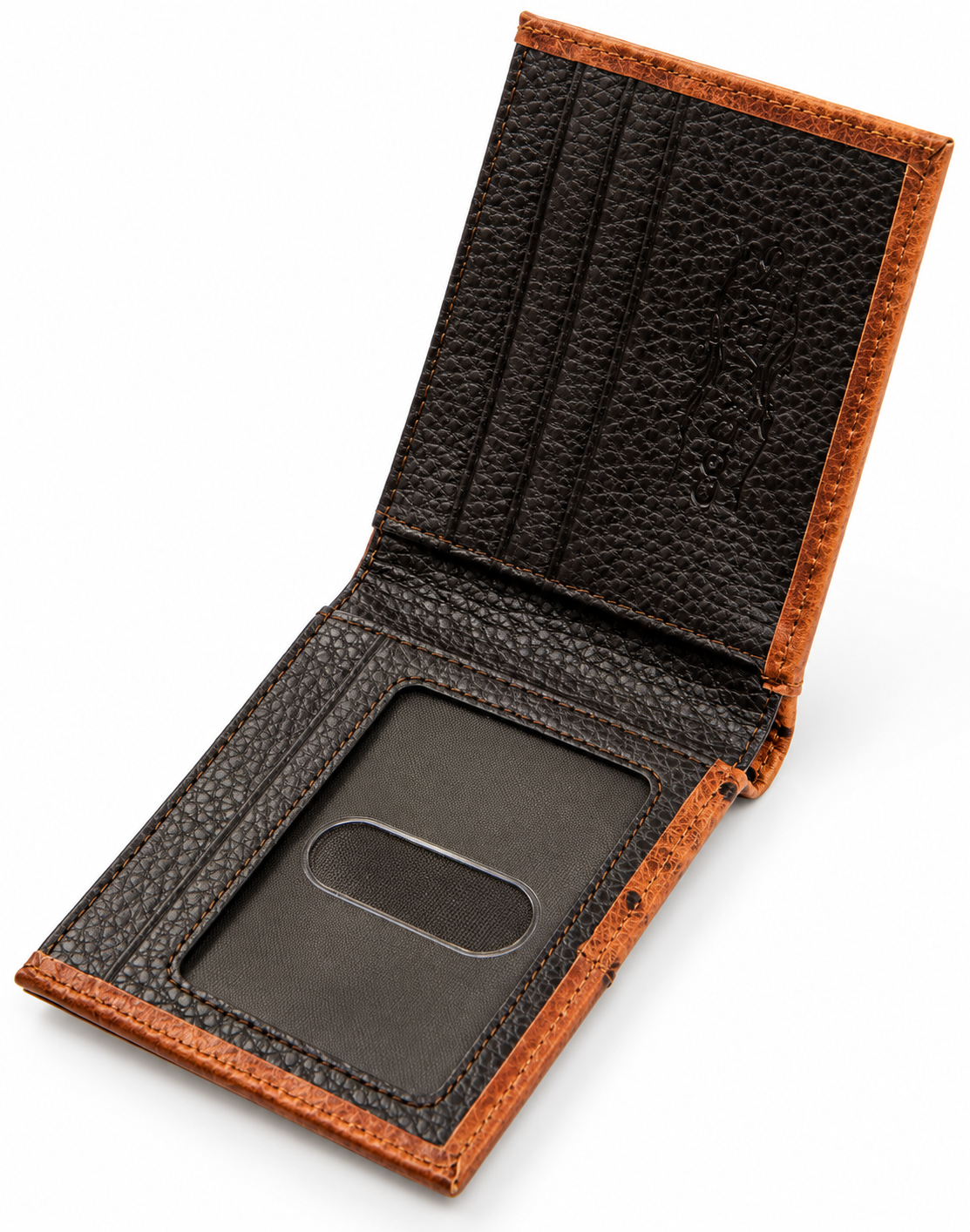 Men's Tooled Ostrich-Embossed Bifold Wallet - open interior